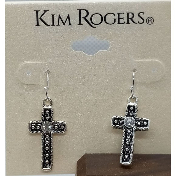 Kim Rogers Antiqued Cross Rhinestone Silver Tone Dangle Wire‎ Pierced Earrings - Picture 2 of 5